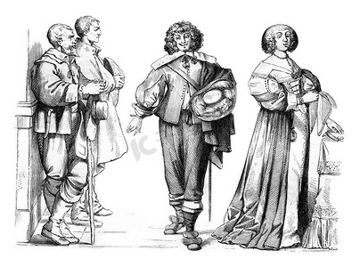 穿着制服的女人和 1635 年的绅士农夫，复古英文