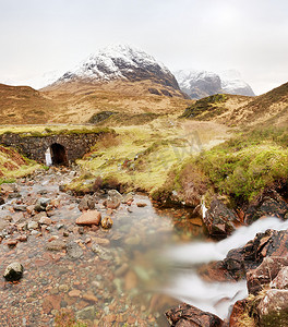 苏格兰春天高地山脉的溪流和石桥。