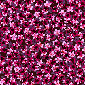 紫红色花朵摄影照片_无缝图案与盛开的日本樱花，用于织物、包装、壁纸、纺织品装饰、设计、邀请函、印刷品、礼品包装、制造。天堂背景上的粉红色和紫红色花朵。