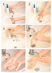 保温水杯水摄影照片_为防止冠状病毒大流行，请用温水和抗菌肥皂彻底洗手。