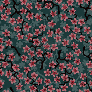 无缝图案与盛开的日本樱花树枝，用于织物、包装、壁纸、纺织品装饰、设计、邀请函、印刷品、礼品包装、制造。橄榄色背景上的粉红色花朵。