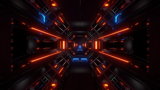 黑暗空间科幻隧道飞艇走廊飞过 vj 循环 3d 插图与橙色蓝色发光