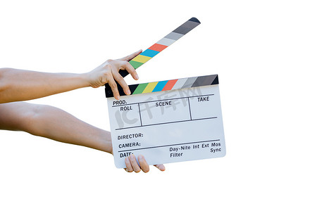 色板摄影照片_白色背景下用于电影院和电视的手持胶片板岩颜色板