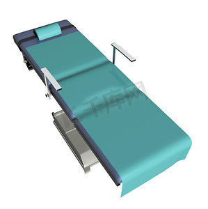“带绿色床单的可调节体检台或病床，3D”