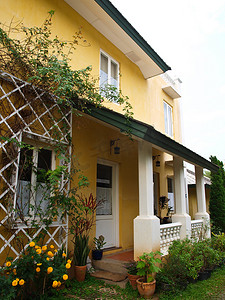 两层黄色房屋和带自然花园的门廊