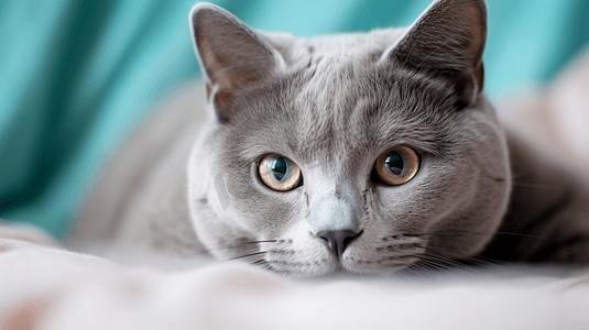 俄罗斯摄影照片_躺在白色纺织品上的俄罗斯蓝猫