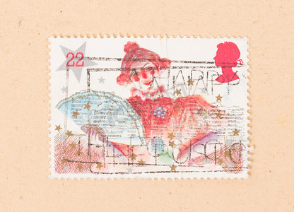 日本 — 大约 1980 年：日本印制的邮票显示一个幸福的女人