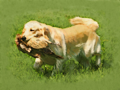 写意狗摄影照片_金毛猎犬与鸭子的油画肖像