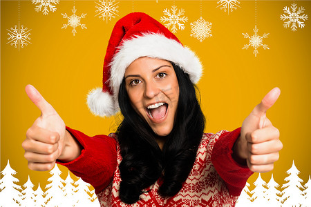戴着圣诞帽的漂亮女人竖起大拇指的画像