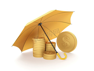 “3d 插图：保护资金，保险。伞盖去”