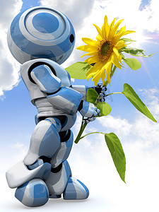 有光泽的 3d 机器人拿着花蓝天云