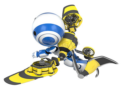 黄色火箭摄影照片_蓝色机器人黄色火箭包