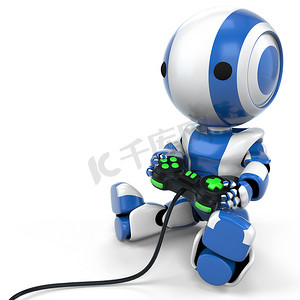 蓝色机器人持有视频游戏控制器