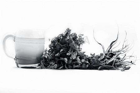 透明玻璃杯中的新鲜欧芹汁或香菜汁与新鲜欧芹叶隔离在白色上。