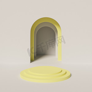 黄色圆筒摄影照片_黄色圆筒讲台或基座，用于产品或靠近灰色空入口的广告。 