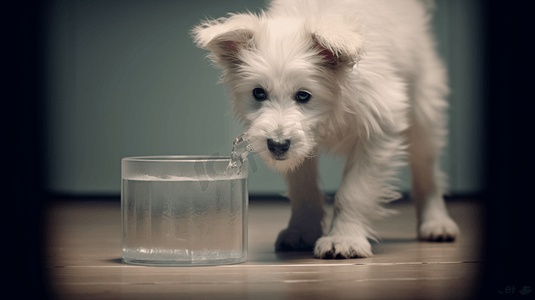 从装满的容器里喝水的短毛白狗