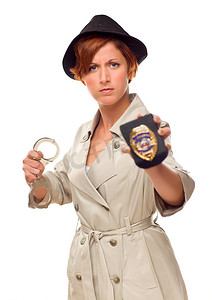 戴着手铐和徽章的红头发女侦探穿着 Trenchco