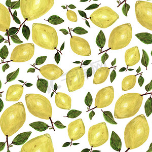 手绘京东狗摄影照片_手绘柠檬和白色叶子的无缝图案