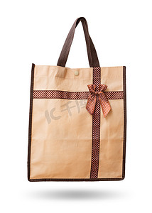 礼品袋棕色再利用回收以获得隔离在上的丝带（弓）