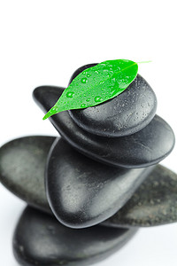 温泉石摄影照片_带绿叶和一滴水的黑色温泉石