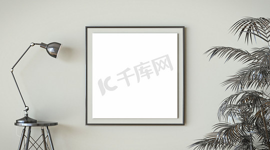 模板空白摄影照片_模拟空白画框黑色灯和黑色热带叶子 3D