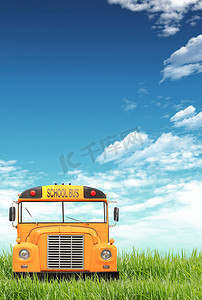 校车学校摄影照片_“绿草、蓝天、校车。”