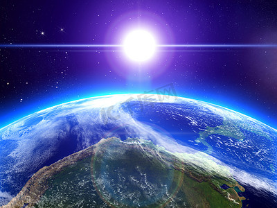 大气全球摄影照片_太空中的太阳和地球