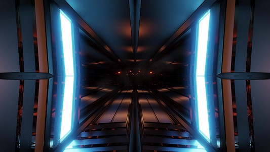 干净风格的隧道走廊背景与蓝色发光​​背景 3d 渲染