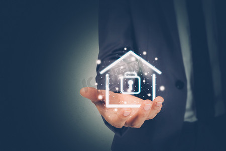 安全系统与家庭保护家庭，保护和访问住宅、财产和房地产的数字安全保证，签署关于房屋隐私的虚拟锁，商业概念。