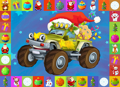 儿童卡车摄影照片_圣诞贺卡-儿童快乐插画-汽车-车辆