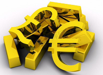 英国经济摄影照片_白色背景上的金条和金色英镑和欧元符号。