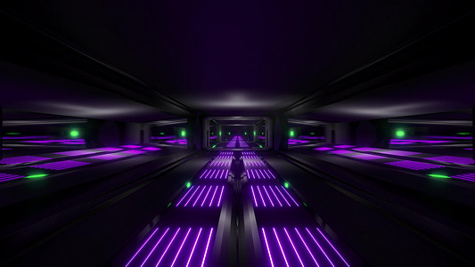 紫色场景摄影照片_深黑色太空科幻隧道与绿色紫色发光灯 3d 插图壁纸背景