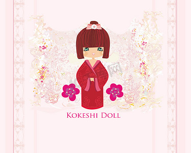 花卉剪贴画摄影照片_粉红色背景的 Kokeshi 娃娃与花卉装饰