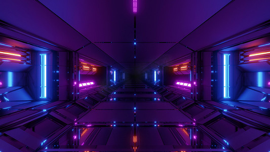未来派科幻技术空间机库隧道走廊与发光灯 3d 插图壁纸背景设计
