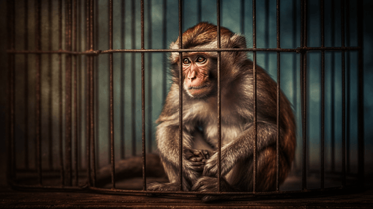 棕色和灰色的猴子坐在笼子的顶部