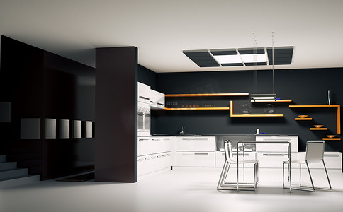 现代厨房内部 3d 渲染