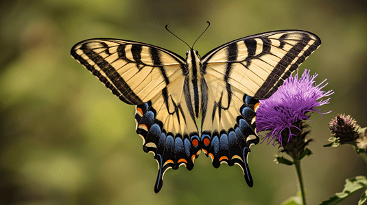 白天，老虎燕尾蝴蝶栖息在紫花上的特写摄影