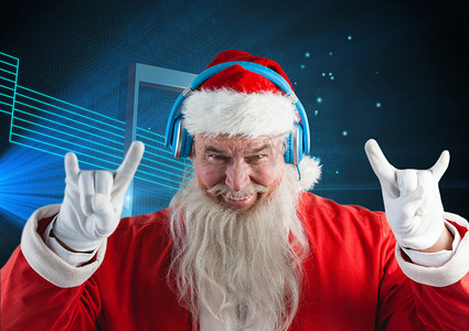 圣诞老人戴着耳机听音乐