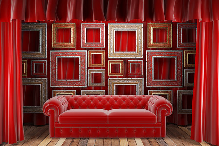 活动宣传活动宣传摄影照片_带框架和沙发的红色织物窗帘