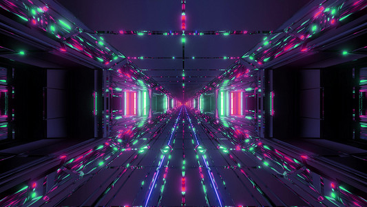 炫酷空间背景摄影照片_酷炫的未来空间科幻机库隧道走廊与漂亮的反射 3d 插图壁纸背景设计