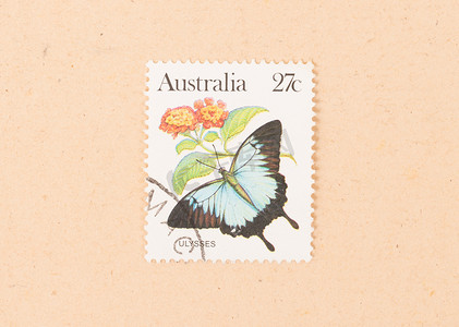 蝴蝶邮票摄影照片_澳大利亚 — 大约 1980 年：在澳大利亚印刷的邮票显示了一个但