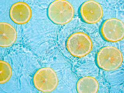 bg摄影照片_干净透明水中的柠檬片，蓝色 bg