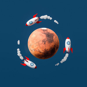 萌萌的卡通脸摄影照片_蓝色背景下环绕火星飞行的卡通宇宙飞船