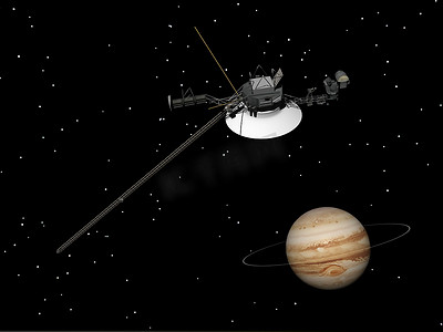 木星附近的航海者号航天器及其未知环 — 3D 渲染