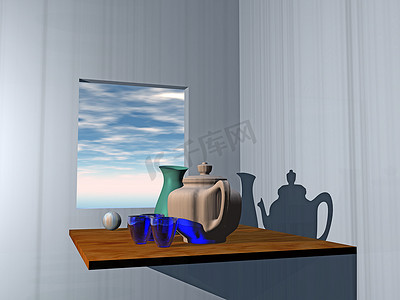 靠窗的木桌，上面放着咖啡壶和杯子