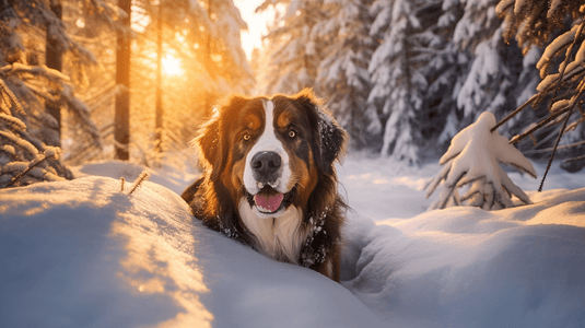 被白雪覆盖的树环绕的狗