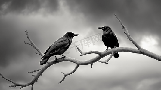 鸟在树上摄影照片_在多云的天空下，两只黑白相间的鸟在树上