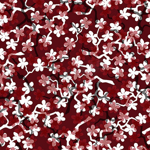 无缝图案与盛开的日本樱花枝条，用于织物、包装、壁纸、纺织品装饰、设计、邀请函、礼品包装、制造。红宝石背景上的红色和白色花朵。