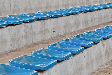 蓝色座椅摄影照片_体育场上的旧塑料蓝色座椅