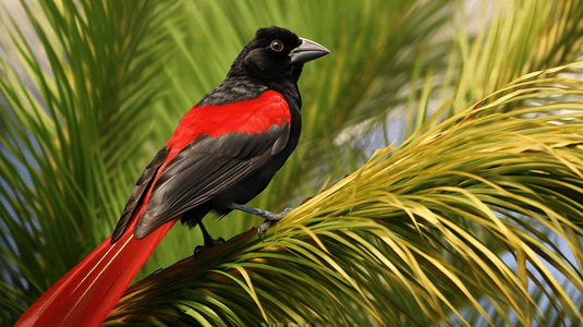 绿棕榈树上的黑红相间的小鸟